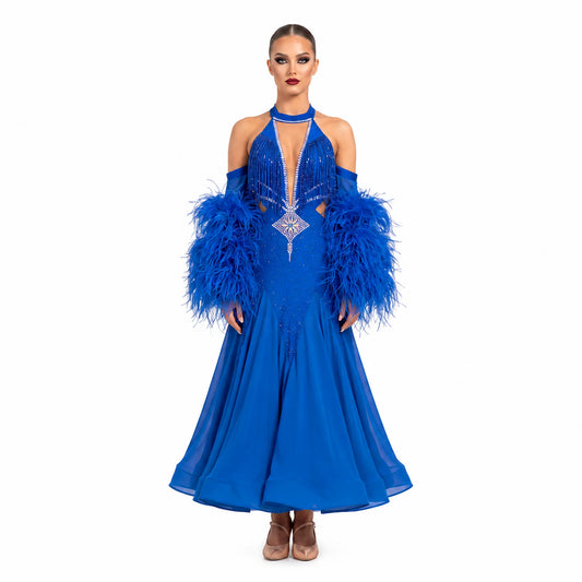 Custom Royal Blue Halter Feather Standard Ballroom Competition Dress
