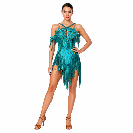 Custom Teal Lace Fringe Latin Competition Dance Dress