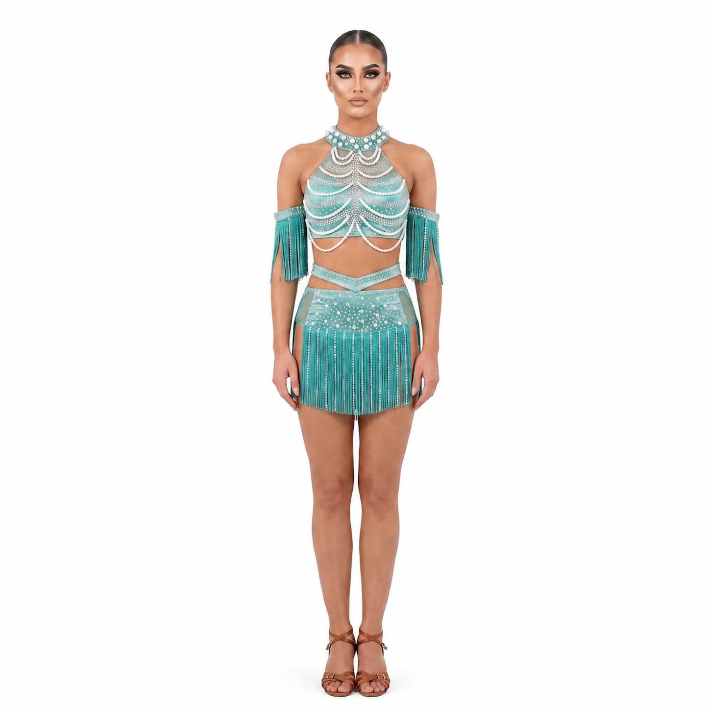 Custom Teal Pearl-Embellished Crystal Fringe Latin Dance Dress