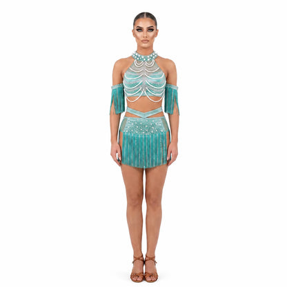 Custom Teal Pearl-Embellished Crystal Fringe Latin Dance Dress