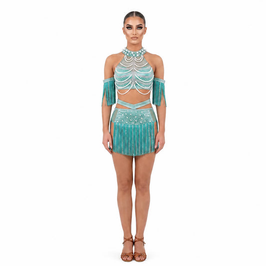 Custom Teal Pearl-Embellished Crystal Fringe Latin Dance Dress