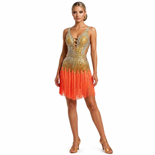 Custom Gold Orange Ombre Fringe Latin Competition Dress