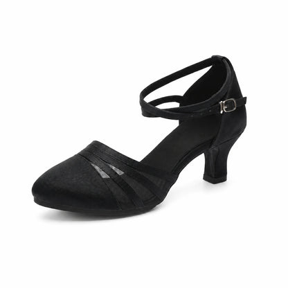 Black Satin Mesh Ballroom Dance Competition Shoes