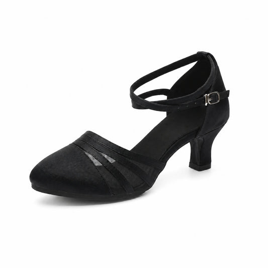 Black Satin Mesh Ballroom Dance Competition Shoes