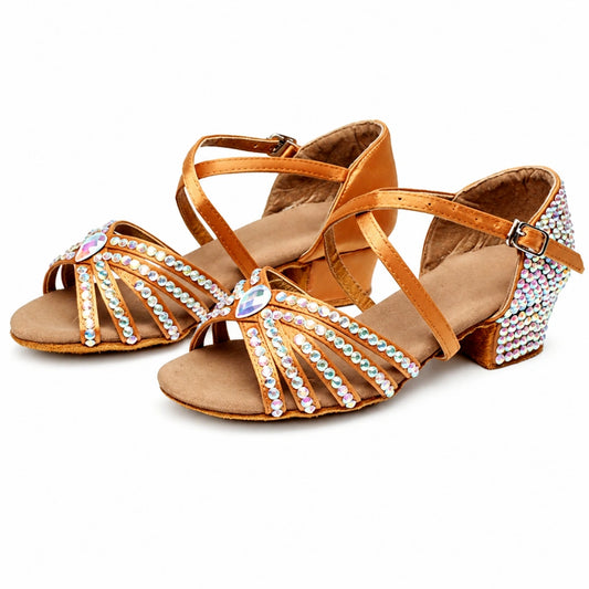 AB Rhinestone Block Heel Satin Latin Dance Shoes