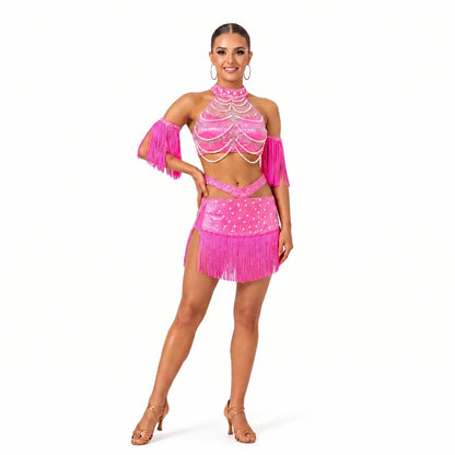 Custom Hot Pink Halter Pearl Fringe Latin Competition Dress