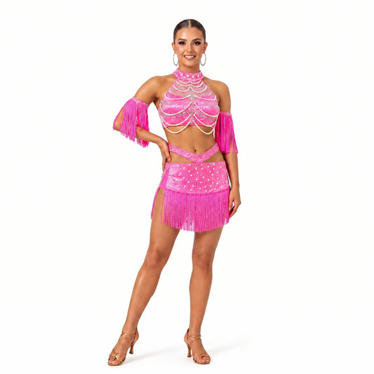 Custom Hot Pink Halter Pearl Fringe Latin Competition Dress