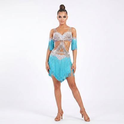 Custom Light Blue Fringe Cut‑Out Waist Latin Dance Competition Dress