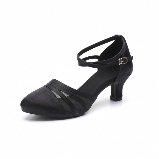 Black Satin Mesh Ballroom Dance Competition Shoes