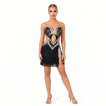 Custom Black Sheer Mesh Stone Fringe Latin Competition Dress