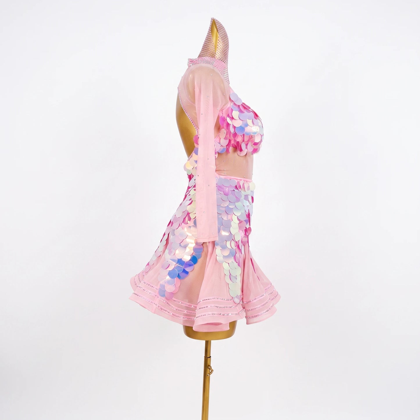 Custom Pink Paillette Long Sleeve Latin Dance Competition Dress