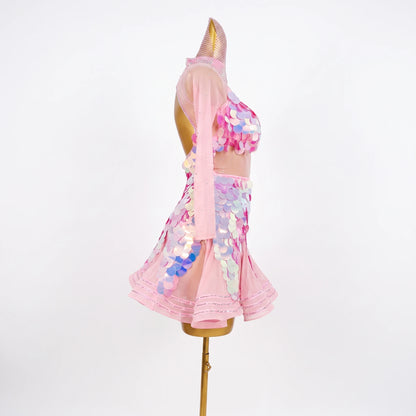 Custom Pink Paillette Long Sleeve Latin Dance Competition Dress