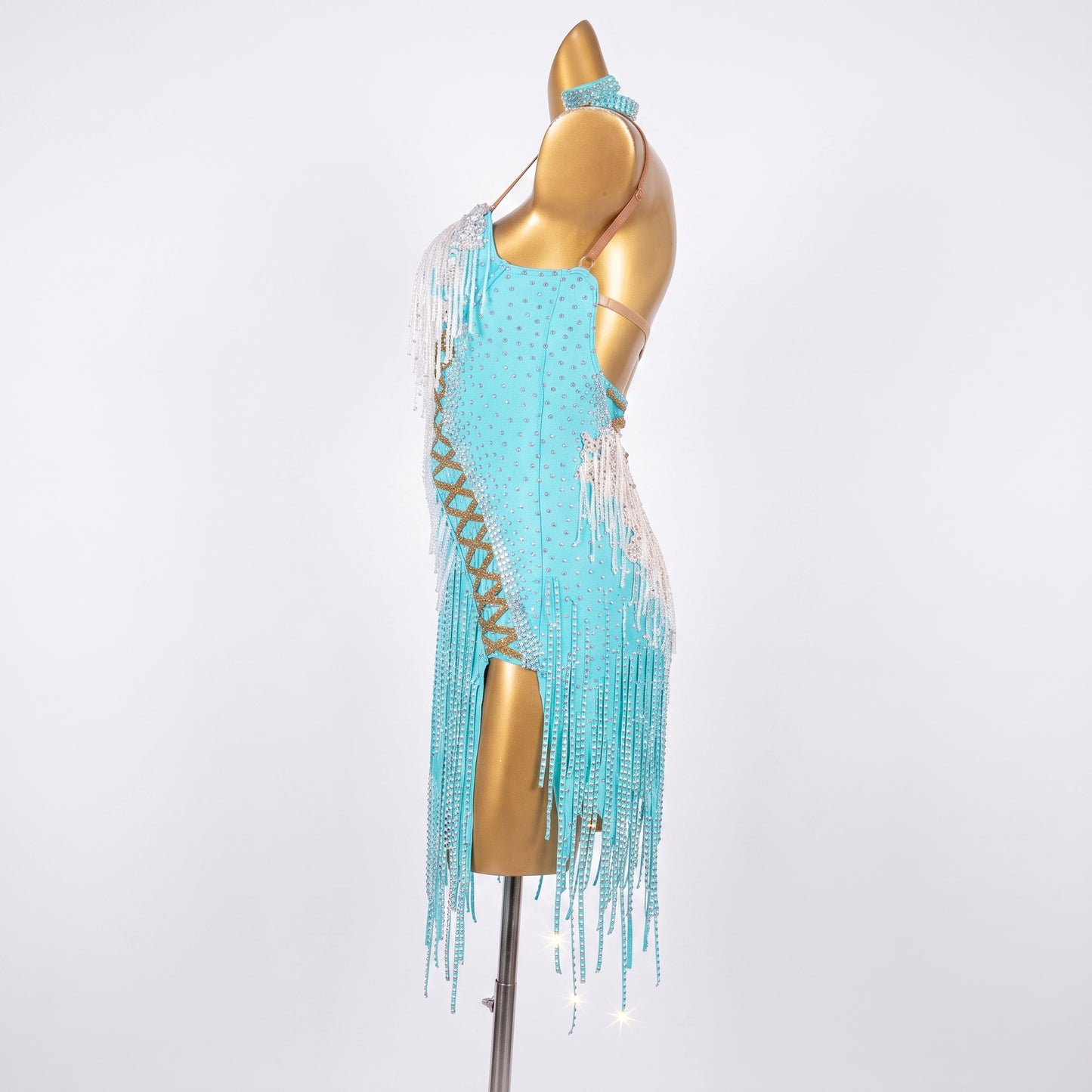 Custom Aqua Crystal Fringe Latin Competition Dress