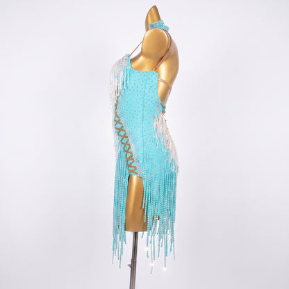 Custom Aqua Crystal Fringe Latin Competition Dress