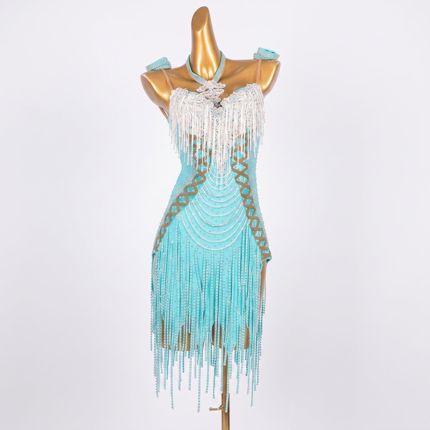 Custom Aqua Crystal Fringe Latin Competition Dress