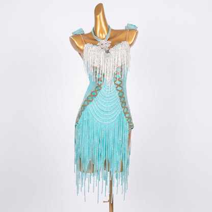 Custom Aqua Crystal Fringe Latin Competition Dress