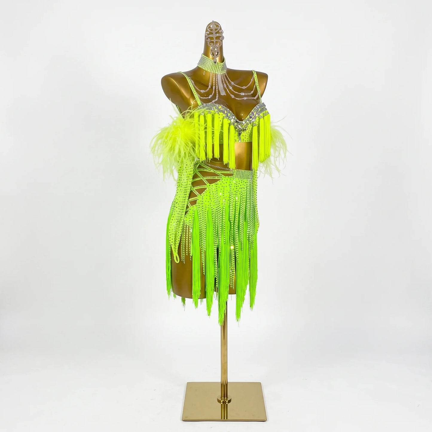 Custom Chartreuse Feather Fringe Latin Competition Costume