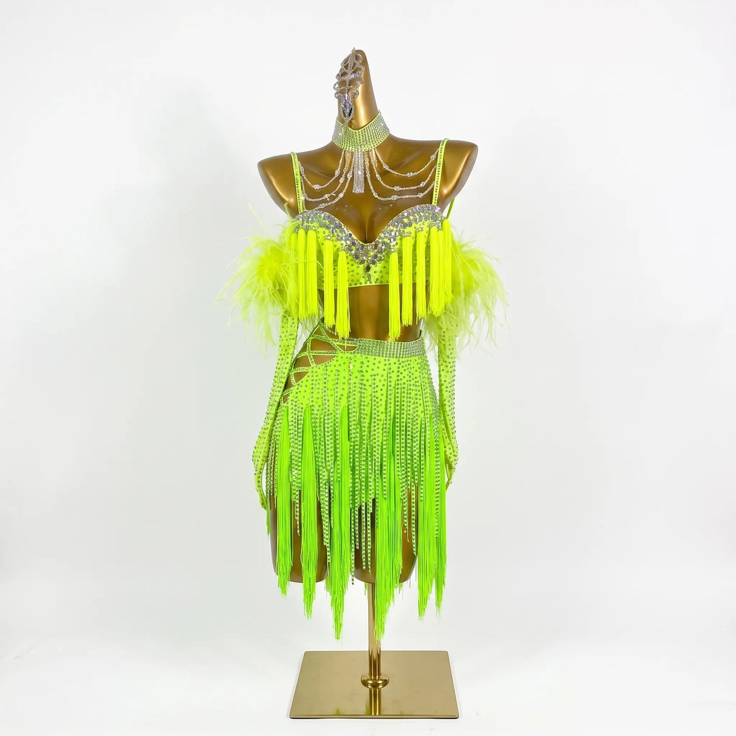 Custom Chartreuse Feather Fringe Latin Competition Costume