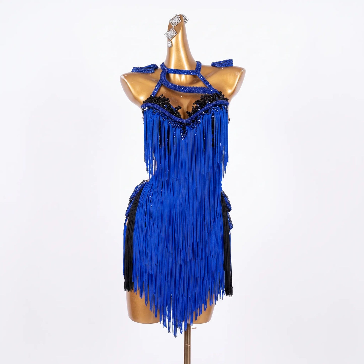Custom Royal Blue Black Contrast Fringe Latin Competition Dress