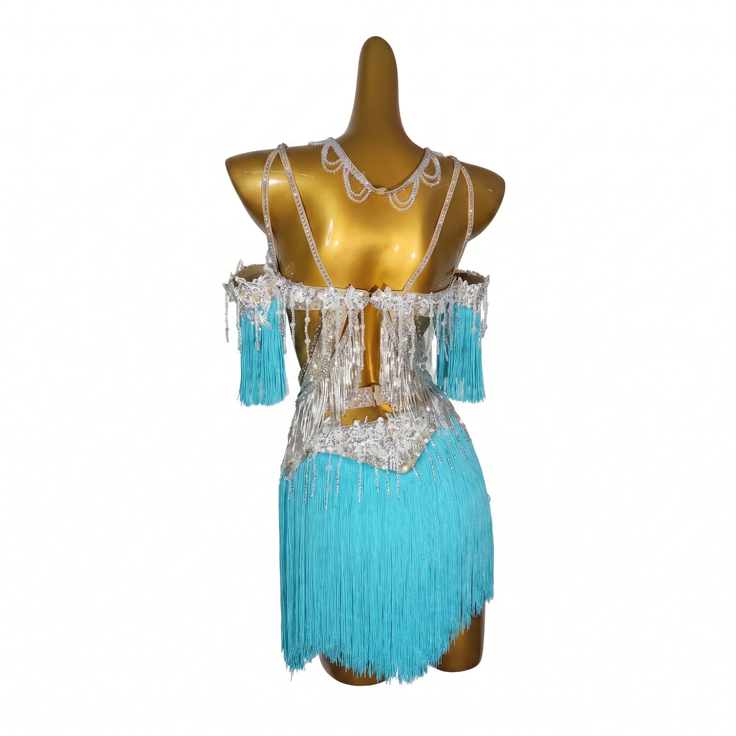 Custom Light Blue Fringe Cut‑Out Waist Latin Dance Competition Dress