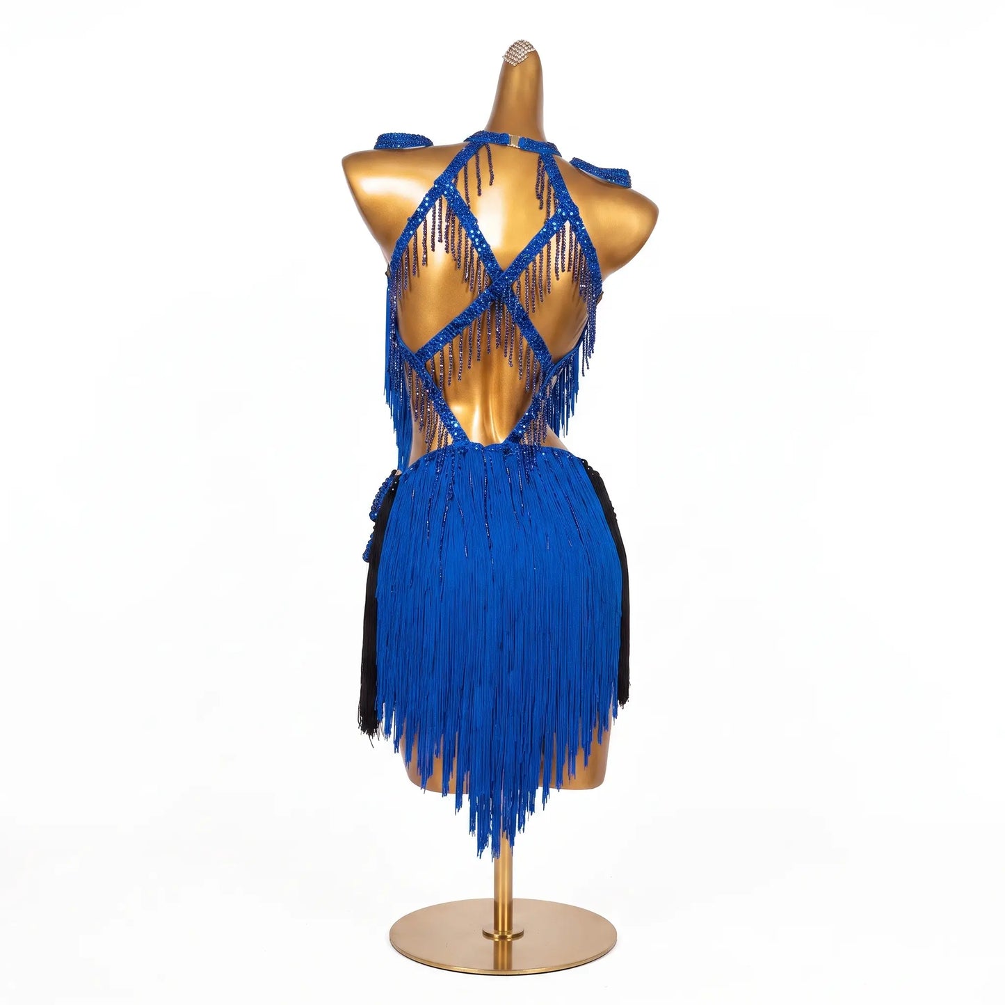 Custom Royal Blue Black Contrast Fringe Latin Competition Dress