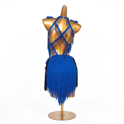 Custom Royal Blue Black Contrast Fringe Latin Competition Dress