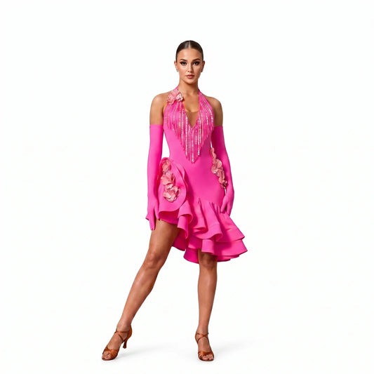 Custom Hot Pink Orchid Ruffle Latin Competition Dress