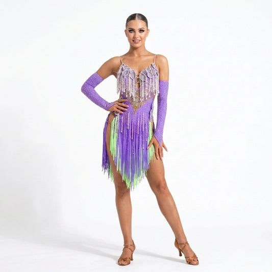 Custom Lavender Neon Green Fringe Latin Dance Competition Dress