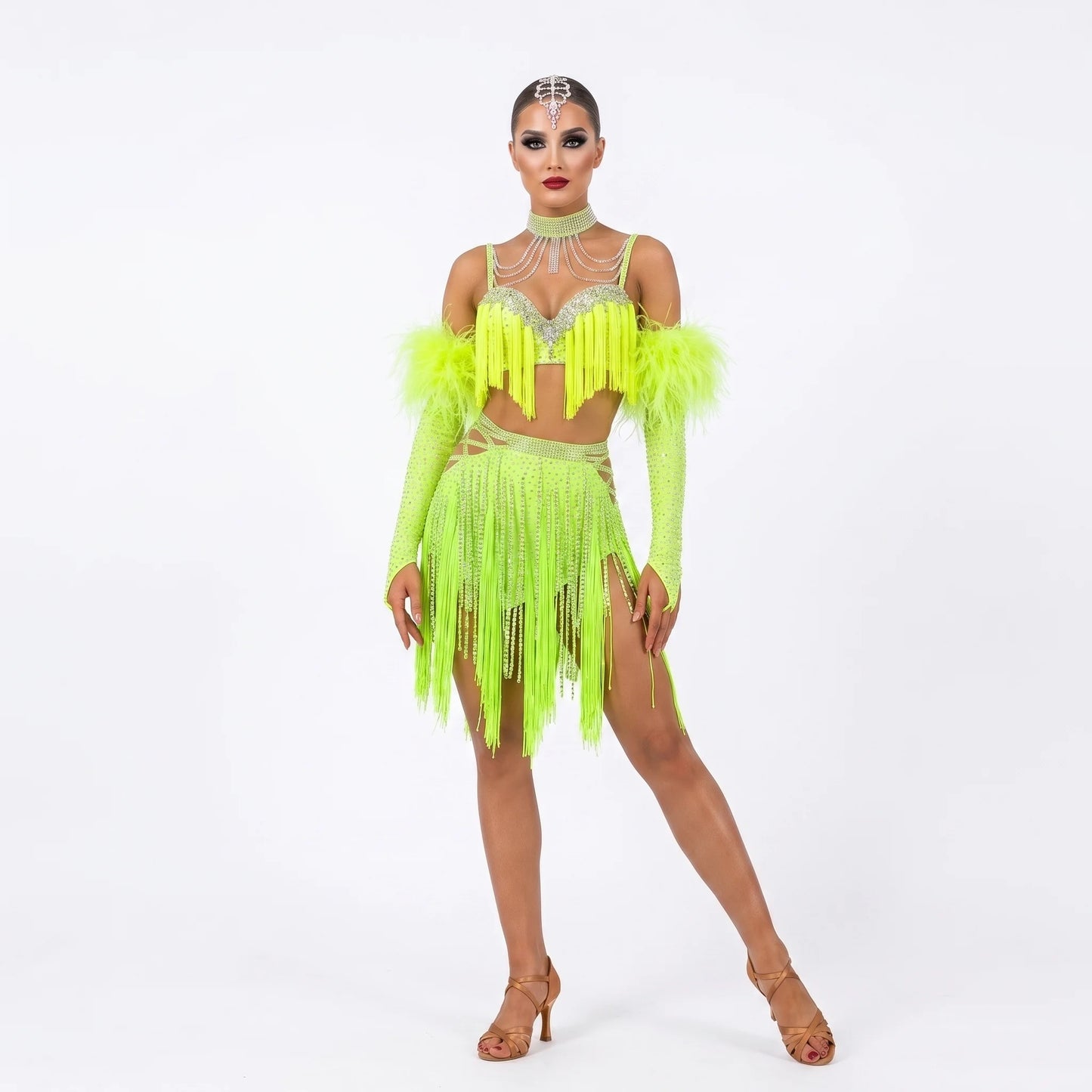 Custom Chartreuse Feather Fringe Latin Competition Costume
