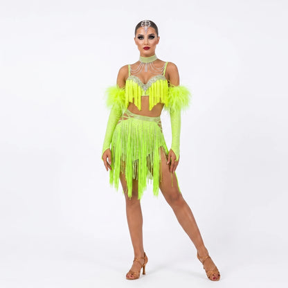 Custom Chartreuse Feather Fringe Latin Competition Costume