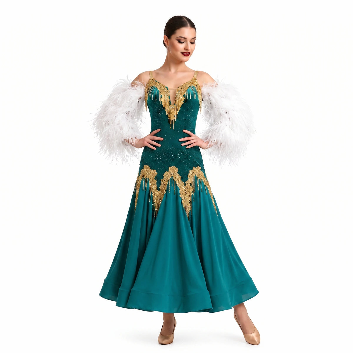 Custom Green Feather Sleeve Gold Crystals Ballroom Smooth Dance Dress