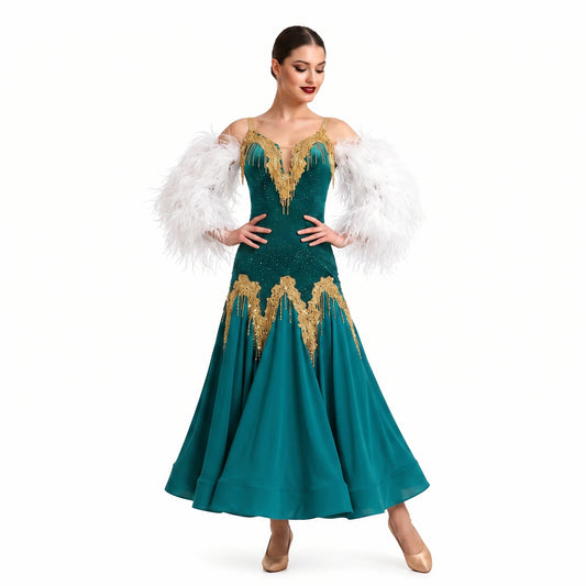 Custom Green Feather Sleeve Gold Crystals Ballroom Smooth Dance Dress