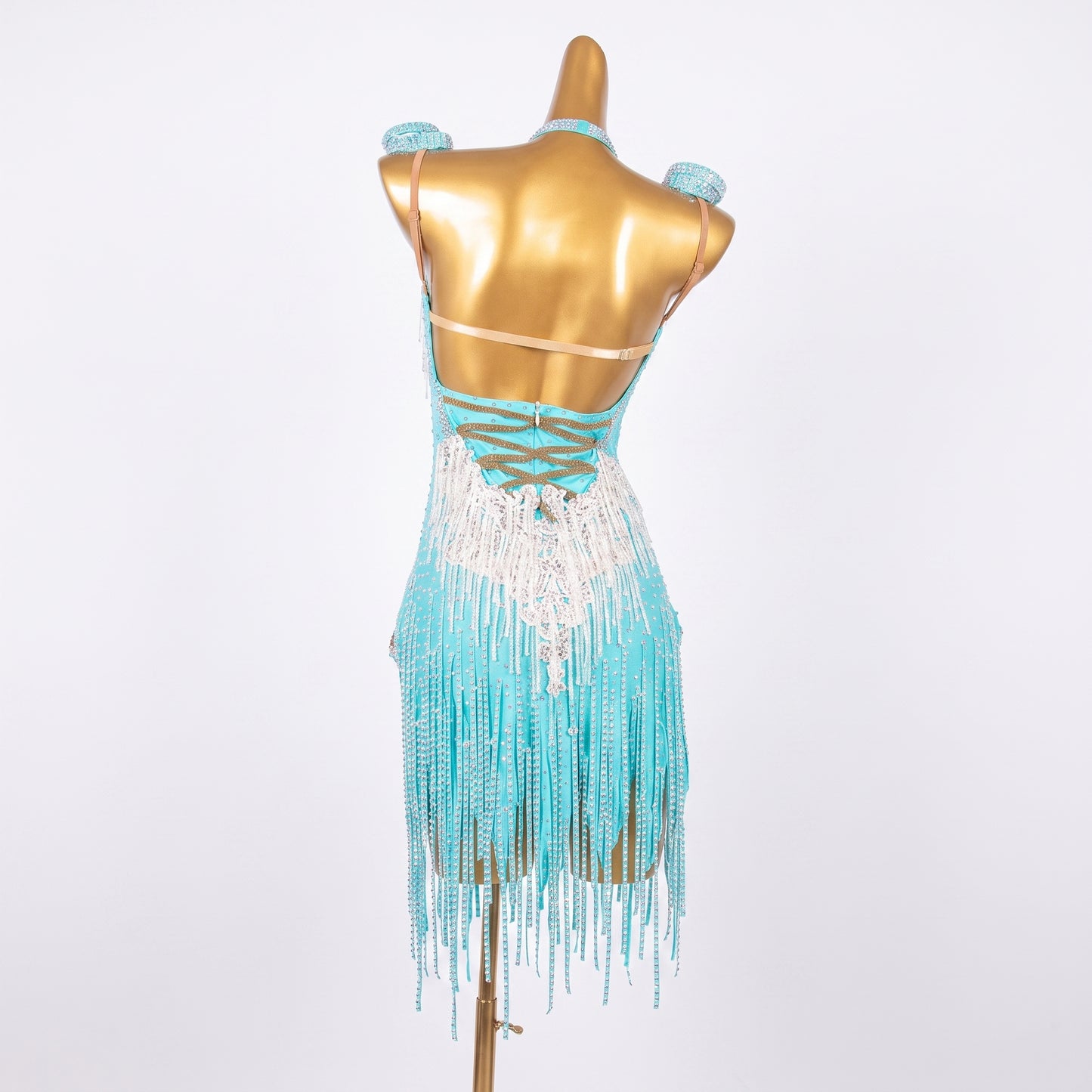 Custom Aqua Crystal Fringe Latin Competition Dress