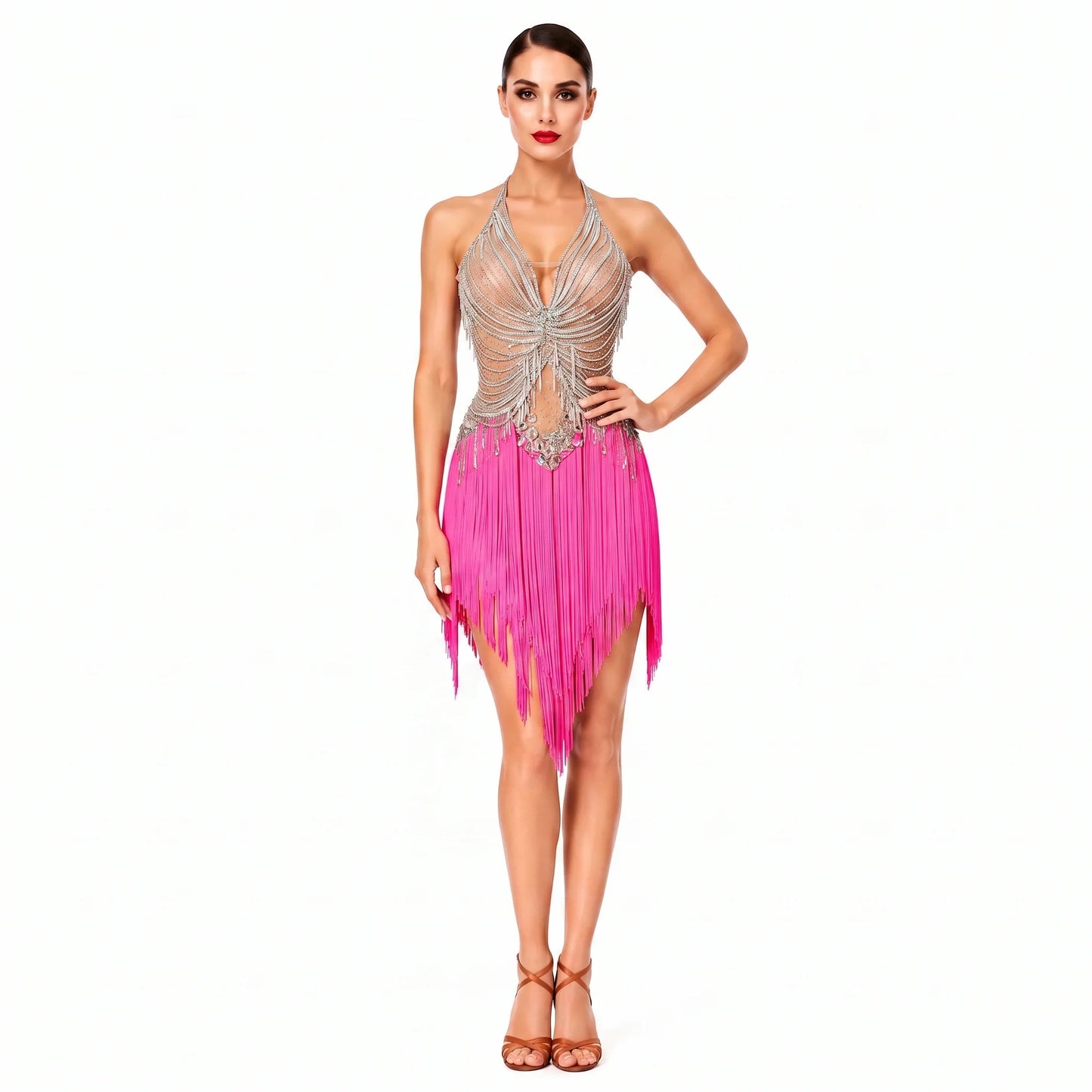 Custom Tiered Hot Pink Fringe Latin Competition Dress