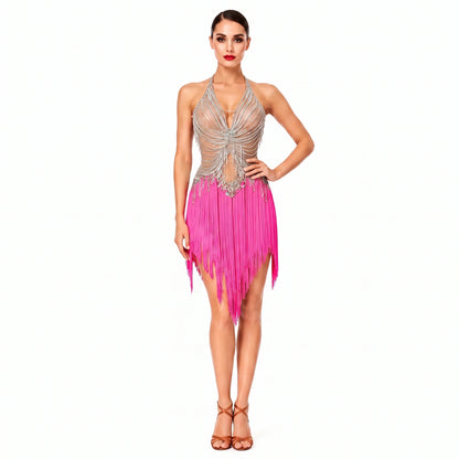 Custom Tiered Hot Pink Fringe Latin Competition Dress