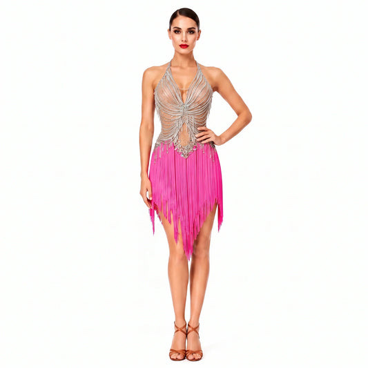 Custom Tiered Hot Pink Fringe Latin Competition Dress