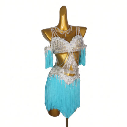 Custom Light Blue Fringe Cut‑Out Waist Latin Dance Competition Dress