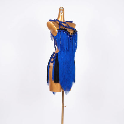 Custom Royal Blue Black Contrast Fringe Latin Competition Dress
