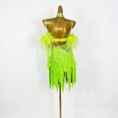 Custom Chartreuse Feather Fringe Latin Competition Costume