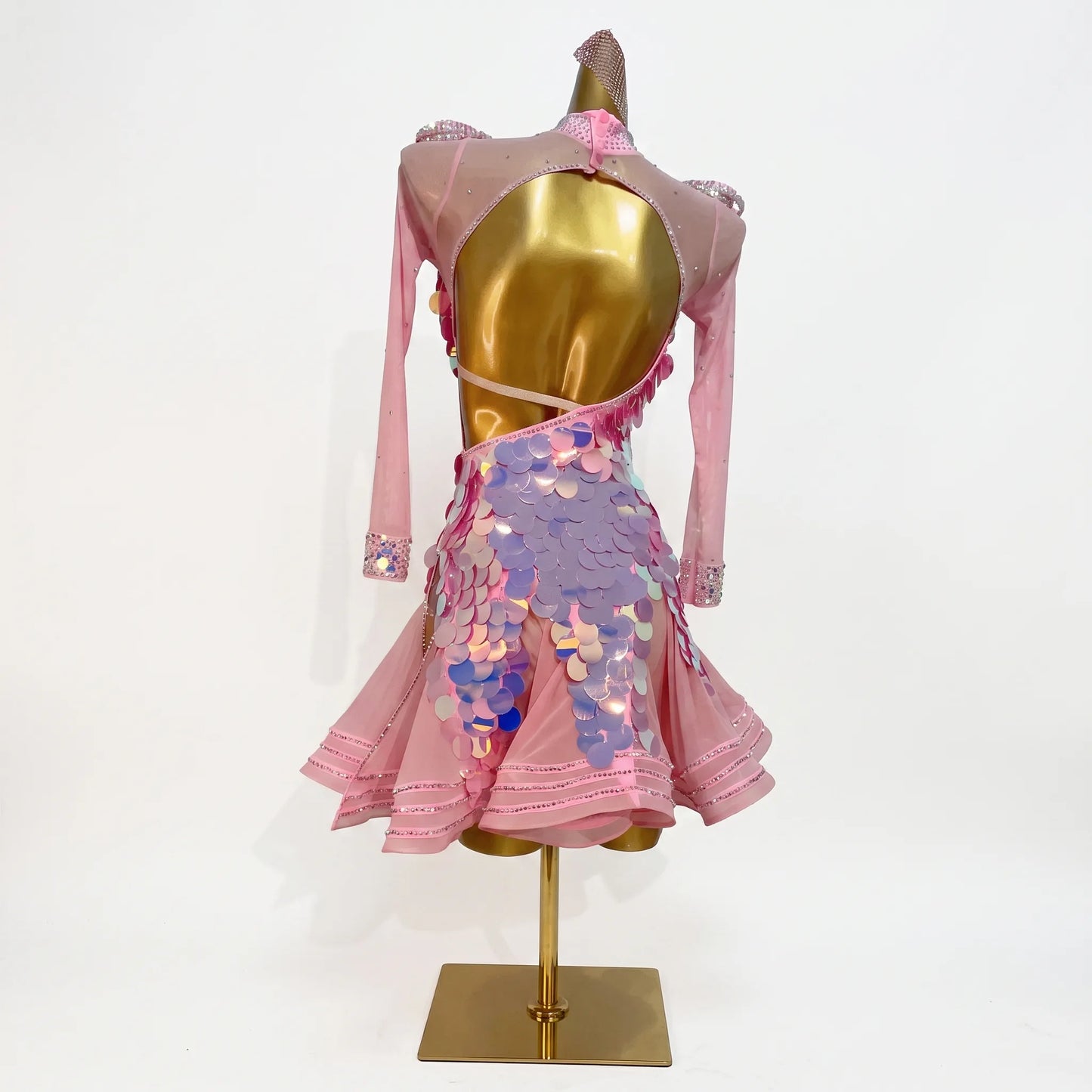 Custom Pink Paillette Long Sleeve Latin Dance Competition Dress