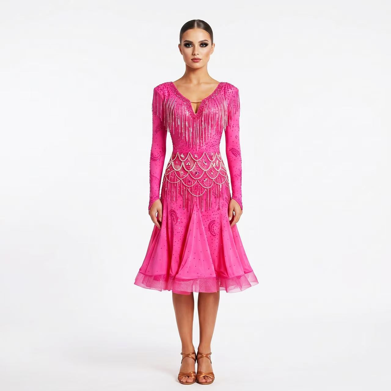 Custom Magenta Sparkle Fringe Long Sleeve Latin Competition Dress