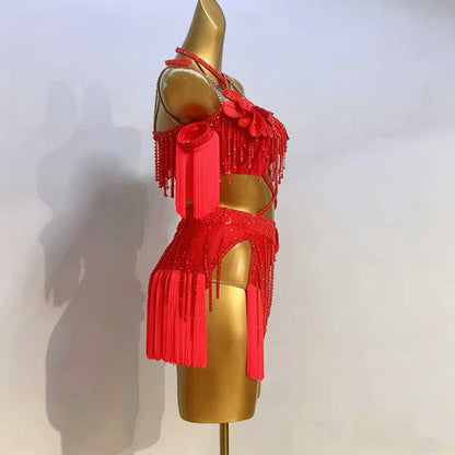 Customizable Crisscross Floral Fringe Latin Dance Competition Dress