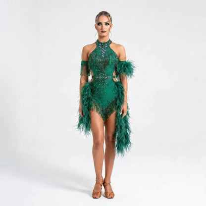 Custom Green Feather Halter Latin Dance Dress with Rhinestones