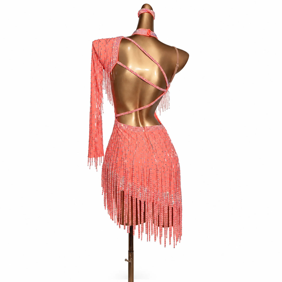 Custom One Shoulder Stone Fringe Latin Competition Dress