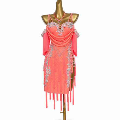 Custom Coral Draped Floral Stone Fringe Latin Competition Dress