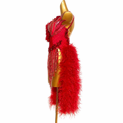Custom Red Ostrich Feather Latin Competition Dress