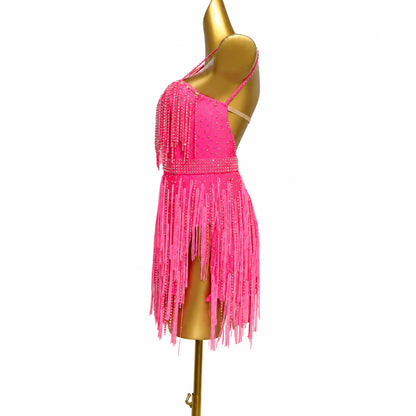 Custom Hot Pink Spaghetti Strap Stone Fringe Latin Competition Dress