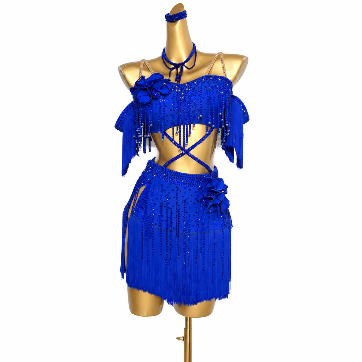 Custom Royal Blue Crisscross Floral Fringe Latin Competition Dress