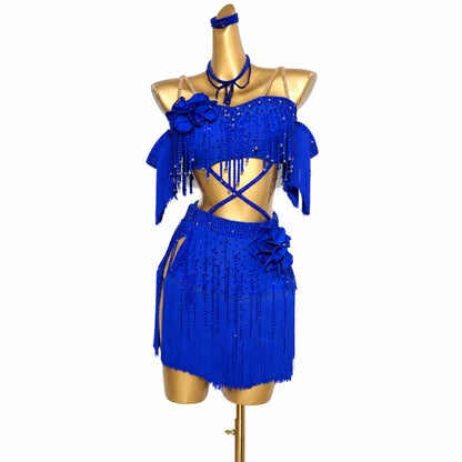 Custom Royal Blue Crisscross Floral Fringe Latin Competition Dress