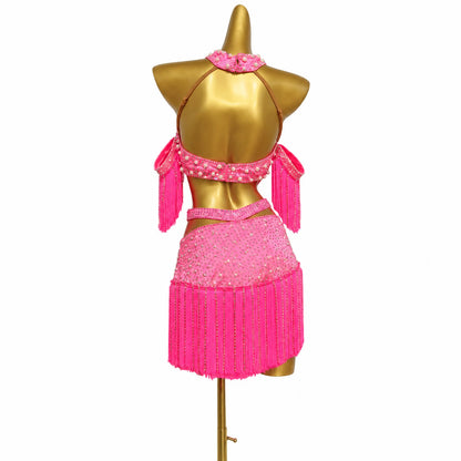 Custom Hot Pink Halter Pearl Fringe Latin Competition Dress